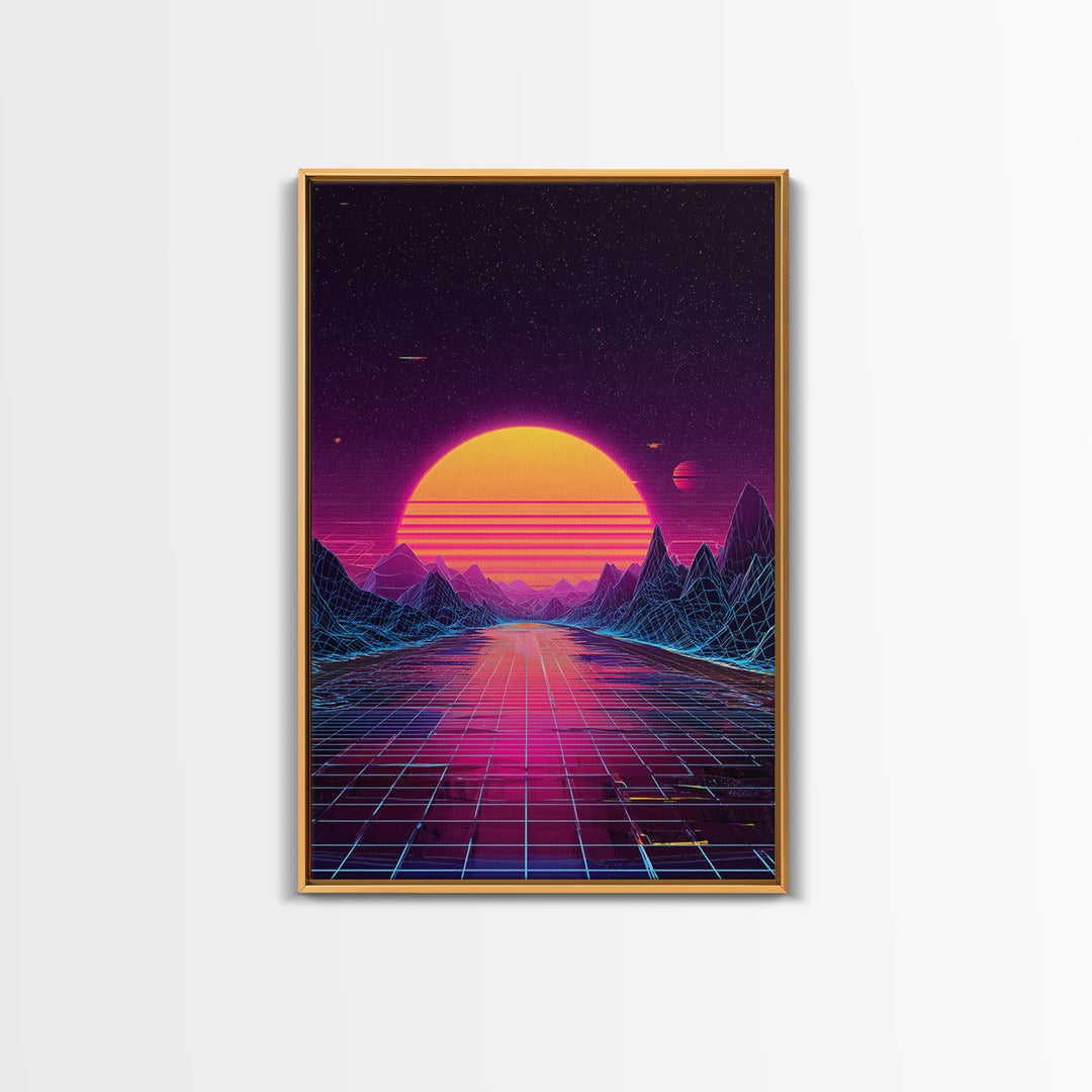 Retro Futuristic Sunset Landscape With Neon Grid Mountains And Starry Sky Wall Art Canvas Print For Modern Home Decor