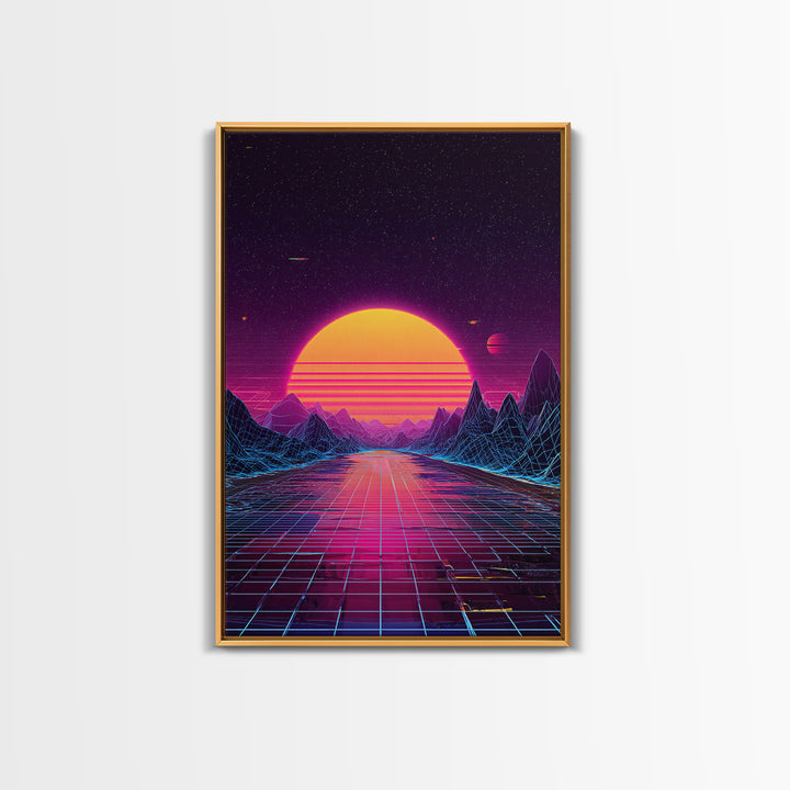 Retro Futuristic Sunset Landscape With Neon Grid Mountains And Starry Sky Wall Art Canvas Print For Modern Home Decor