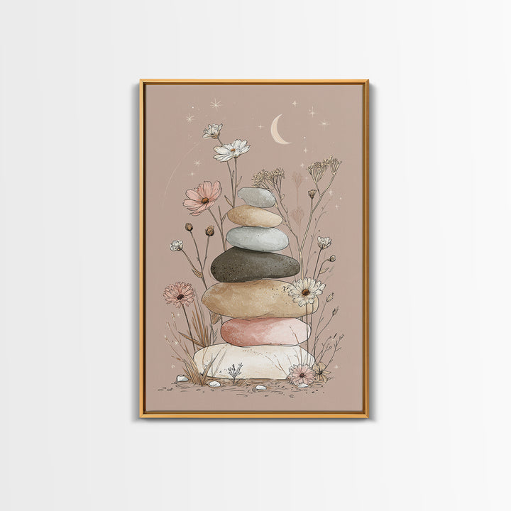 Stacked Zen Stones And Wildflowers Wall Art, Spa Bathroom Decor, Meditation Room Art, Neutral Boho Print, Calming Home Decor