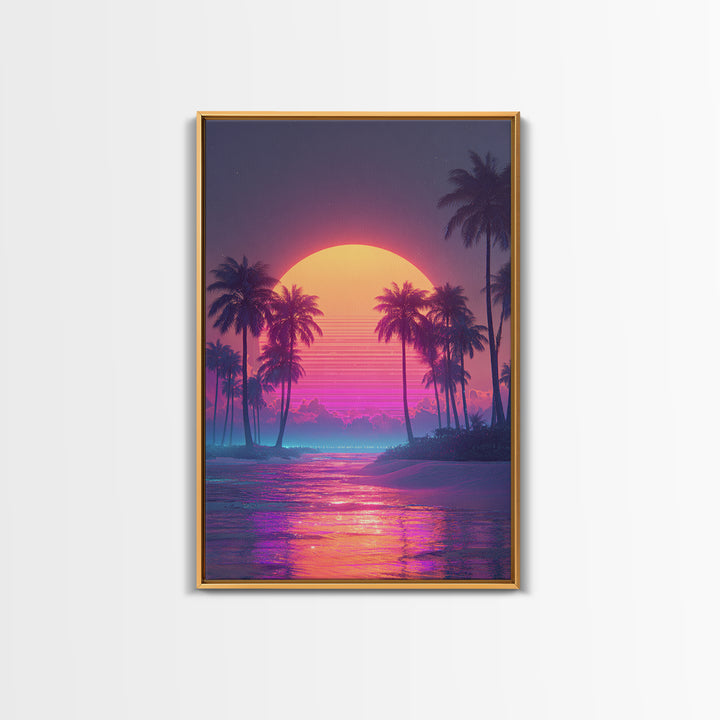 Vibrant Retro Sunset Over Tropical Beach With Palm Trees Large Wall Art Framed Canvas Print Coastal Home Decor