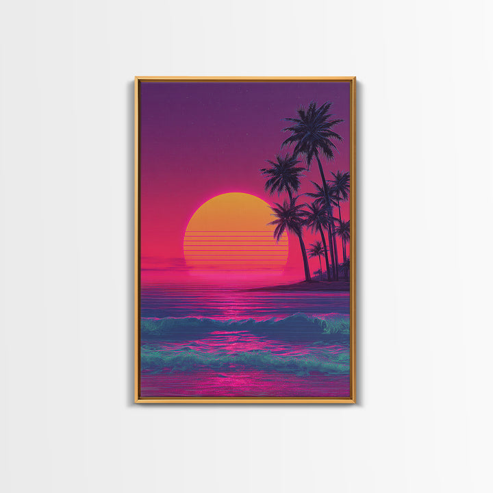 Vibrant Neon Sunset Beach With Palm Trees Retro 80s Themed Wall Art For Living Room Decor Framed Canvas Print