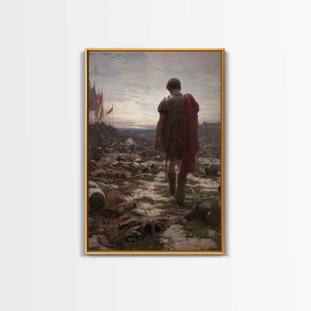 Lone Roman Soldier Framed Canvas Print, Battlefield Wall Art, Historical Warrior Oil Painting, Dark Academia Office Decor
