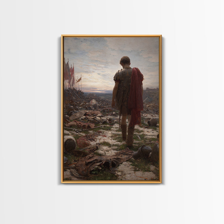 Lone Roman Soldier Framed Canvas Print, Battlefield Wall Art, Historical Warrior Oil Painting, Dark Academia Office Decor