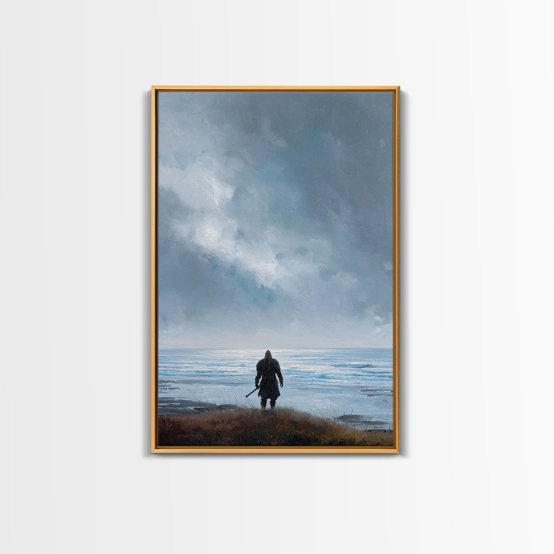Lone Warrior Facing Cold Blue Sea Canvas Print, Minimalist Coastal Wall Art, Moody Seascape Living Room Decor, Above Bed Art