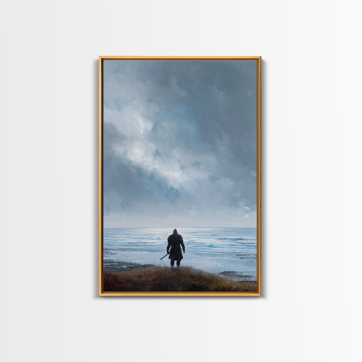 Lone Warrior Facing Cold Blue Sea Canvas Print, Minimalist Coastal Wall Art, Moody Seascape Living Room Decor, Above Bed Art