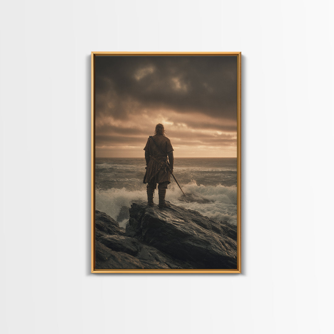 Lone Warrior On Stormy Shore Canvas Print, Moody Seascape Wall Art, Coastal Fantasy Decor, Masculine Bedroom Art Print Gift