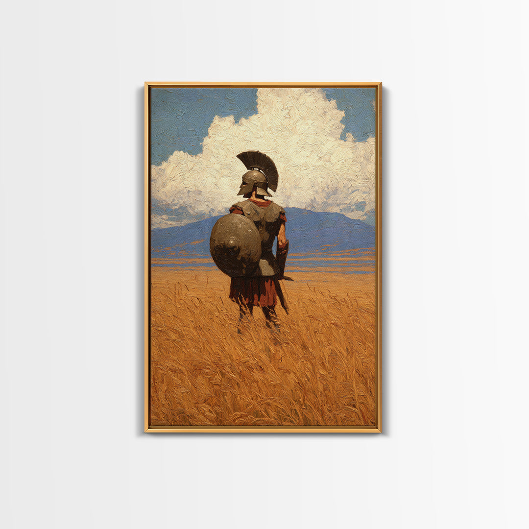 Spartan Warrior In Golden Field Canvas Print, Greek Hoplite Landscape Painting, Ancient History Wall Decor For Office Gift