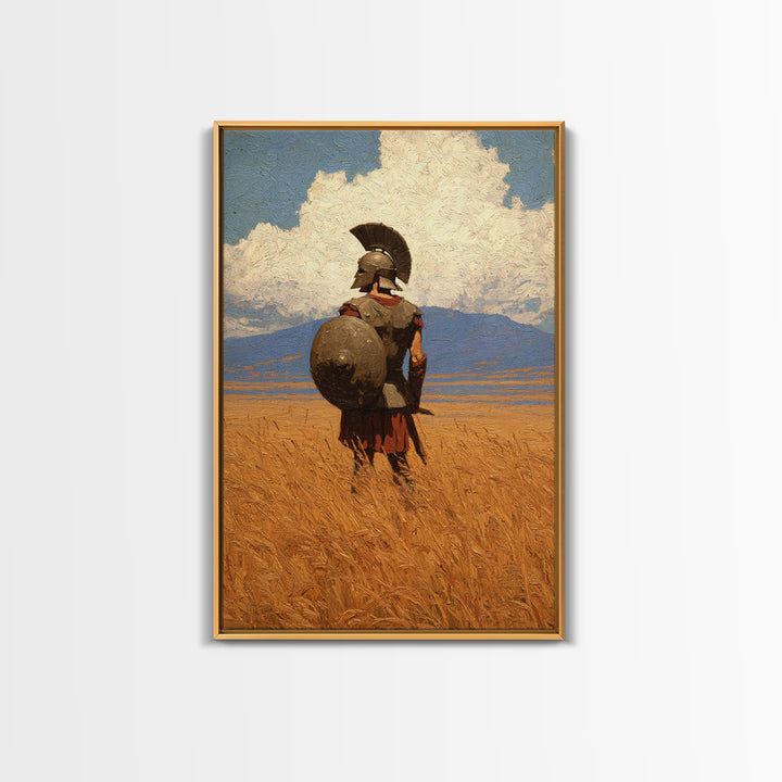 Spartan Warrior In Golden Field Canvas Print, Greek Hoplite Landscape Painting, Ancient History Wall Decor For Office Gift