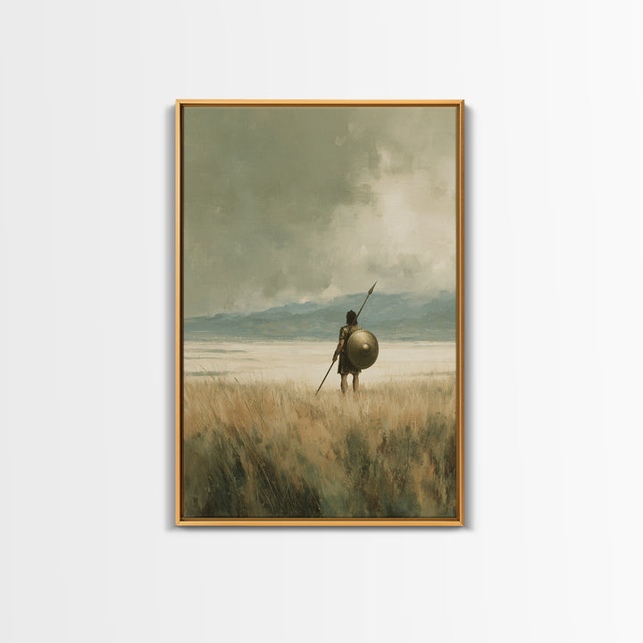 Solitary Spearman With Round Shield In Misty Field Wall Art, Ancient Warrior Canvas Print For Neutral Rustic Home Decor And Gift