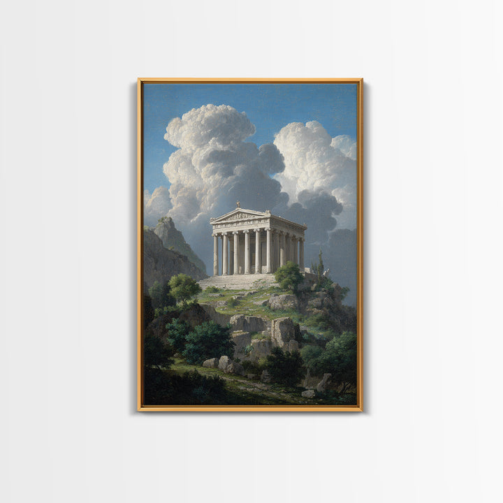 Ancient Greek Temple Under Towering Clouds Canvas Print, Classical Landscape Wall Art, Mediterranean Home Decor, Fine Art