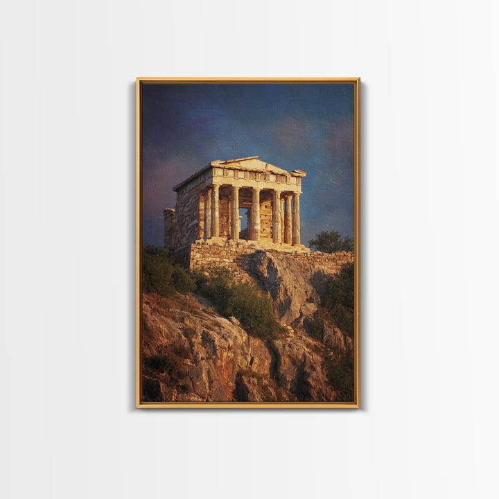 Golden Greek Temple On Rocky Hill Wall Art, Ancient Greece Landscape Painting, Mediterranean Decor, Travel Art Print, Gift For Him