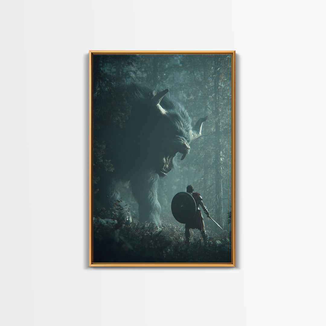 Warrior Facing Giant Wolf In Forest Wall Art, Dark Fantasy Canvas Print, Mythical Creature Decor, Gift For Gamer, Adventure Art