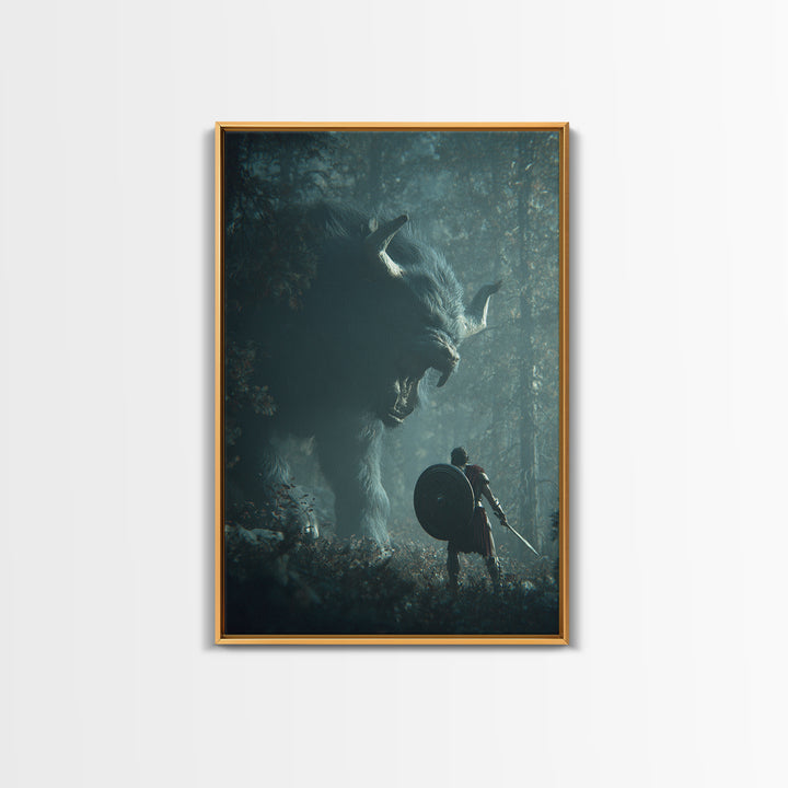 Warrior Facing Giant Wolf In Forest Wall Art, Dark Fantasy Canvas Print, Mythical Creature Decor, Gift For Gamer, Adventure Art