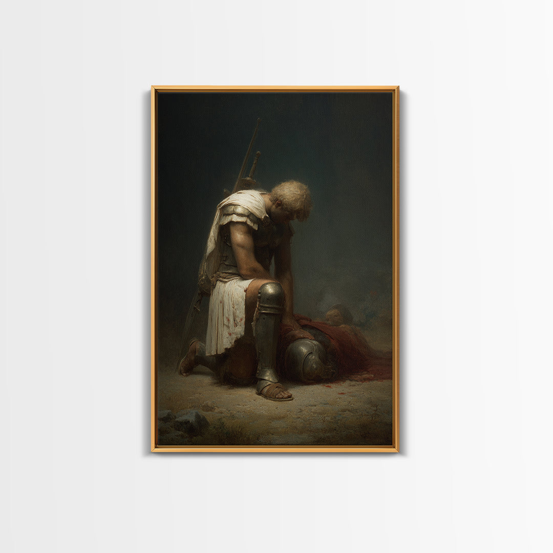 Kneeling Fallen Warrior Canvas Print, Dark Battle Wall Art, Classical Figurative Oil Painting, Moody Office Decor Gift For Him