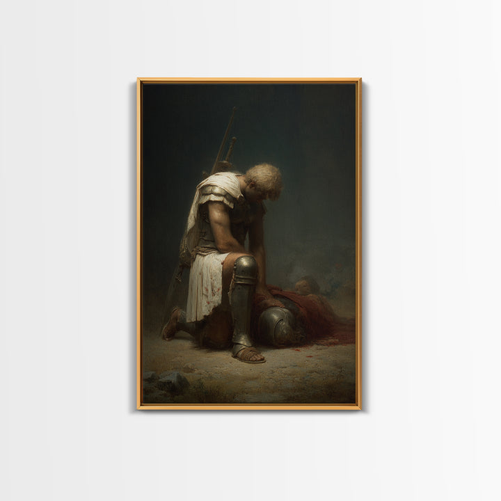 Kneeling Fallen Warrior Canvas Print, Dark Battle Wall Art, Classical Figurative Oil Painting, Moody Office Decor Gift For Him