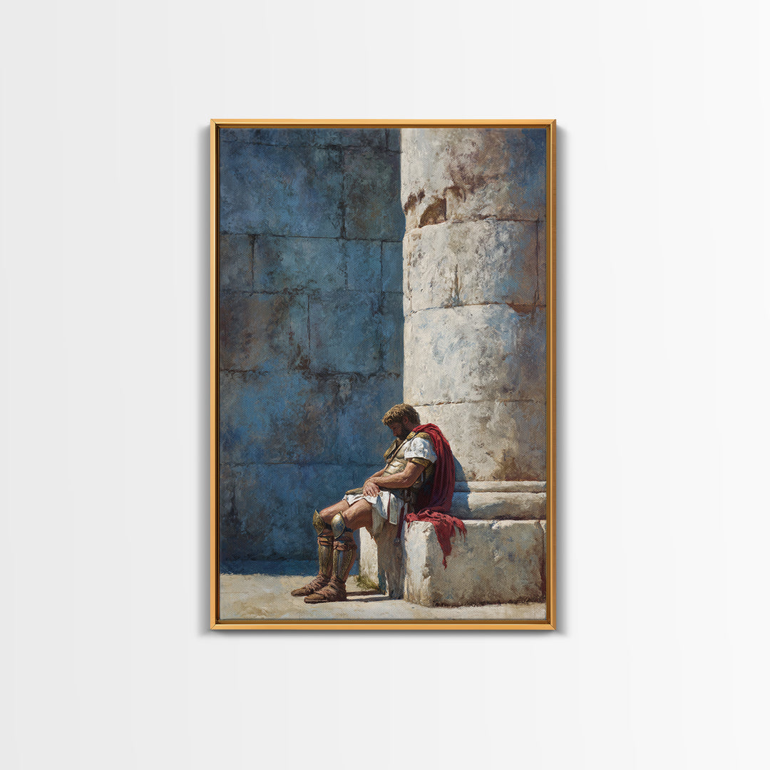 Resting Roman Soldier By Stone Column Wall Art, Ancient Classical Canvas Print, Historical Office Decor For Him, Housewarming Gift