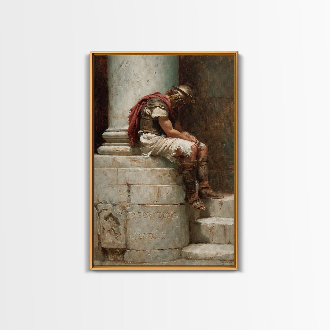 Sleeping Roman Soldier On Marble Steps Framed Canvas Print, Classical Wall Art, Ancient History Decor, Dark Academia Gift