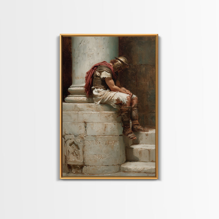 Sleeping Roman Soldier On Marble Steps Framed Canvas Print, Classical Wall Art, Ancient History Decor, Dark Academia Gift