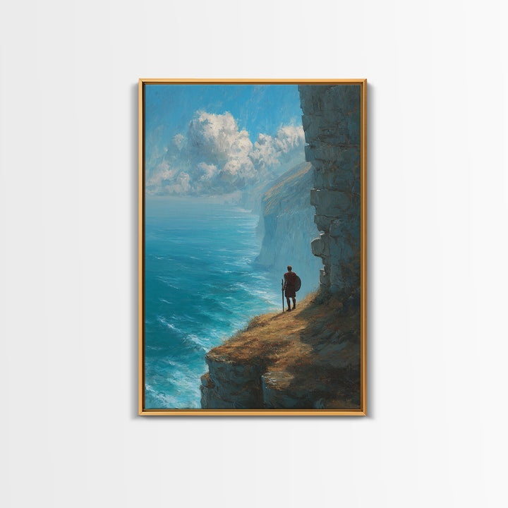 Epic Coastal Cliffside Warrior Painting Wall Art Canvas Print Dramatic Ocean View With Ancient Soldier For Home Decor