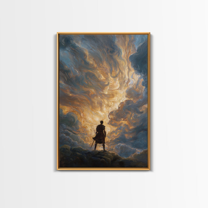 Lone Hero Beneath Golden Storm Clouds Wall Art, Epic Fantasy Canvas Print, Dramatic Sky Modern Living Room Decor, Office Decor