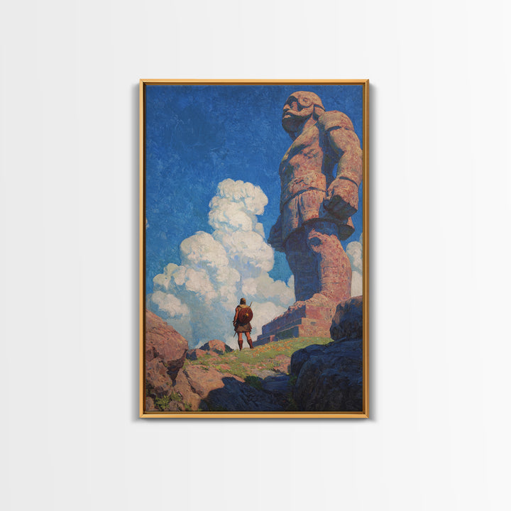 Tiny Warrior Beneath Colossal Stone Giant, Fantasy Wall Art, Mythical Landscape Print, Adventure Decor, Kids Room Art, Unique Gift