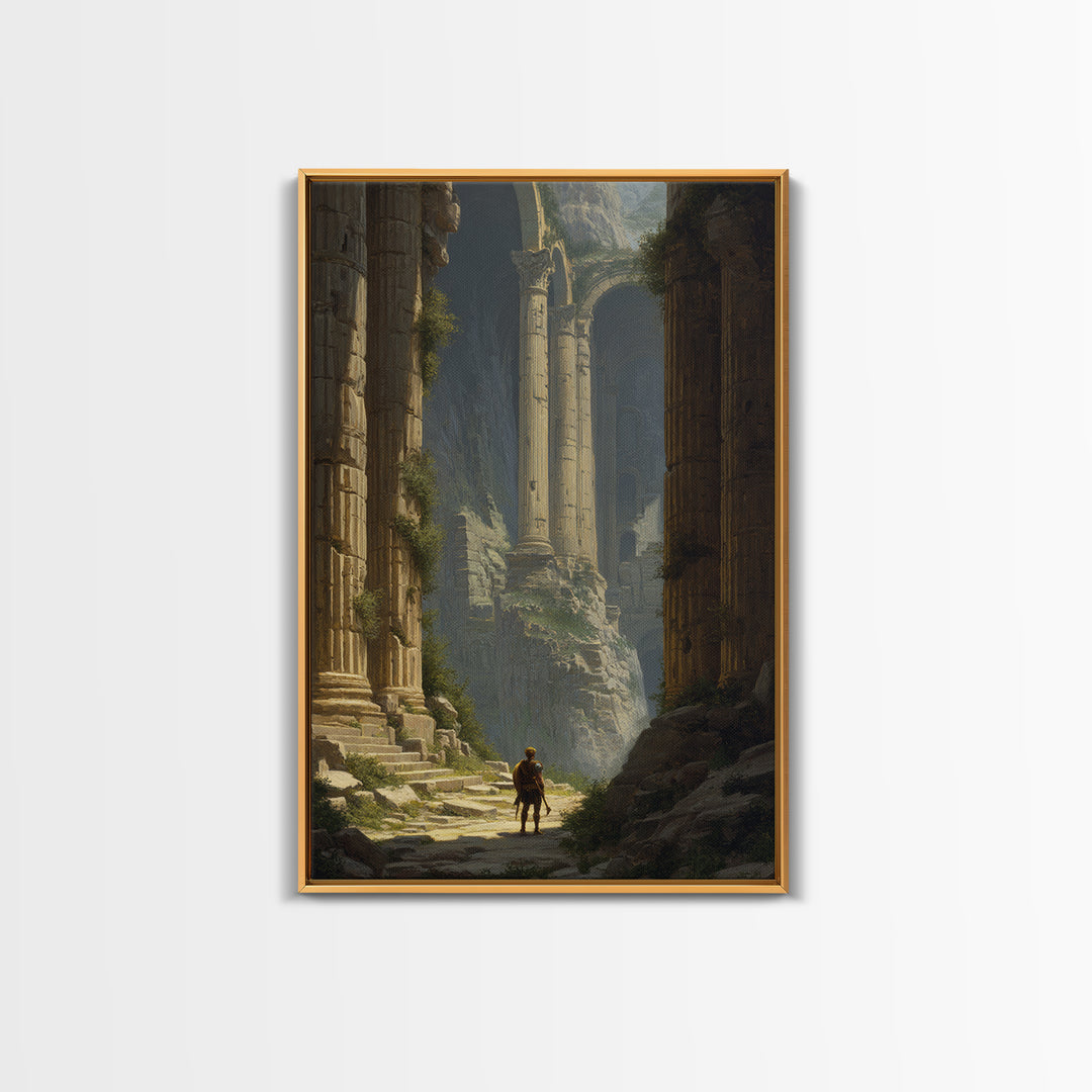 Lone Explorer In Monumental Ancient Ruins Wall Art, Fantasy Architecture Canvas, Classical Landscape Decor, Large Fine Art Print