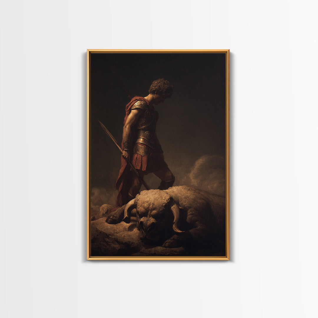 Heroic Warrior Standing Over Fallen Ram, Framed Canvas Print, Mythological Wall Art, Dark Fantasy Decor, Masculine Gift For Him