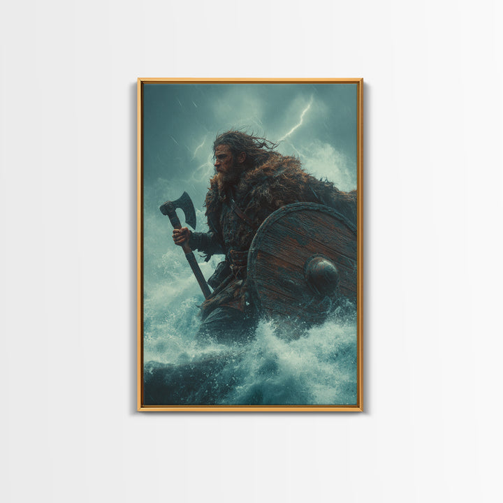 Stormy Viking Warrior With Axe, Norse Seascape Wall Art, Dark Fantasy Canvas Print, Masculine Decor, Gift For Him, Man Cave