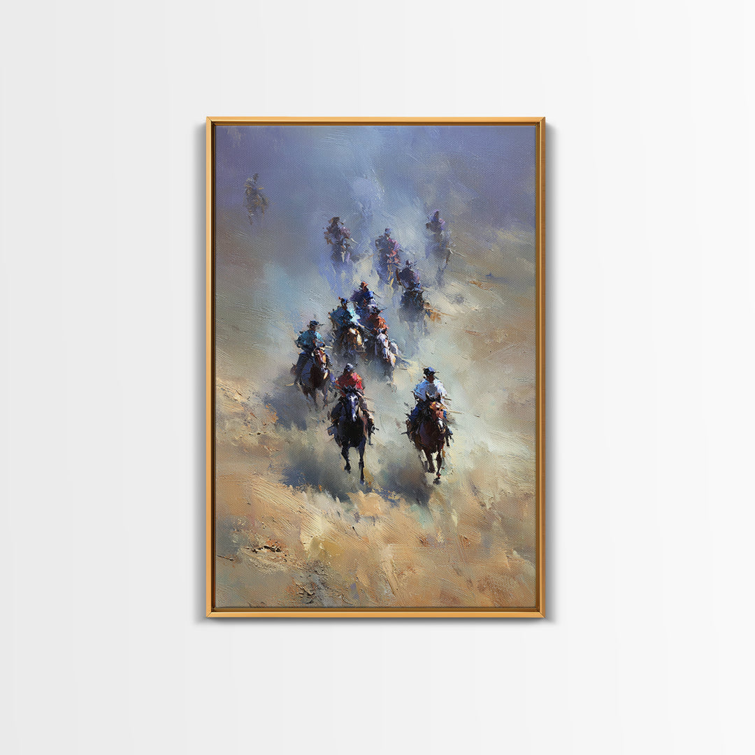 Galloping Cowboys In Dusty Desert Wall Art, Western Horse Racing Painting, Rustic Ranch Decor, Gift For Horse Lover, Living Room Art