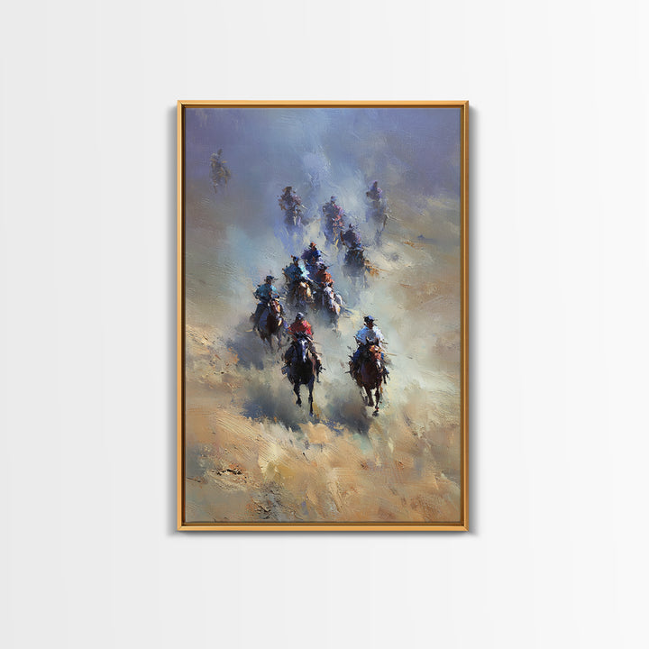 Galloping Cowboys In Dusty Desert Wall Art, Western Horse Racing Painting, Rustic Ranch Decor, Gift For Horse Lover, Living Room Art