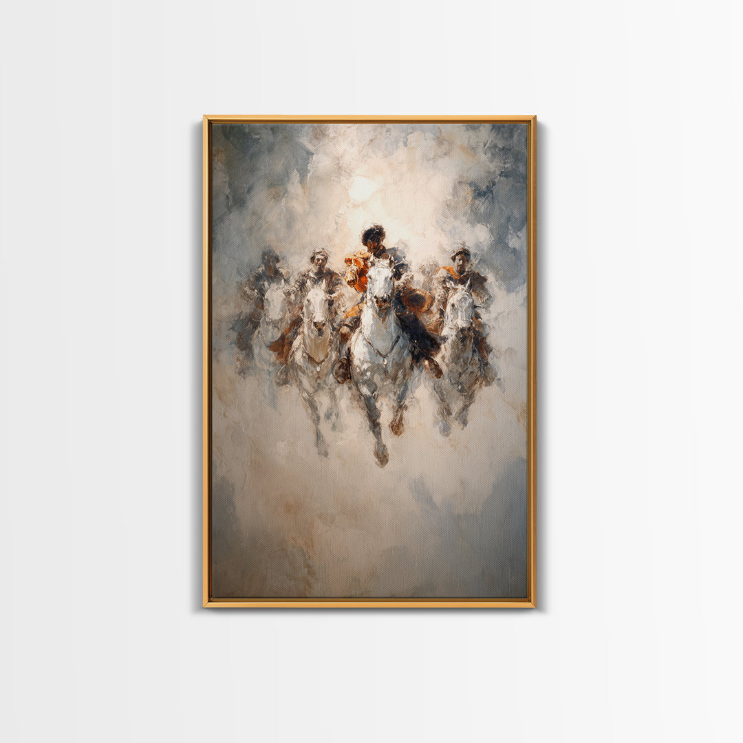White Horses Charging Through Mist Canvas Print, Abstract Equine Painting, Equestrian Wall Art, Modern Farmhouse Decor Gift