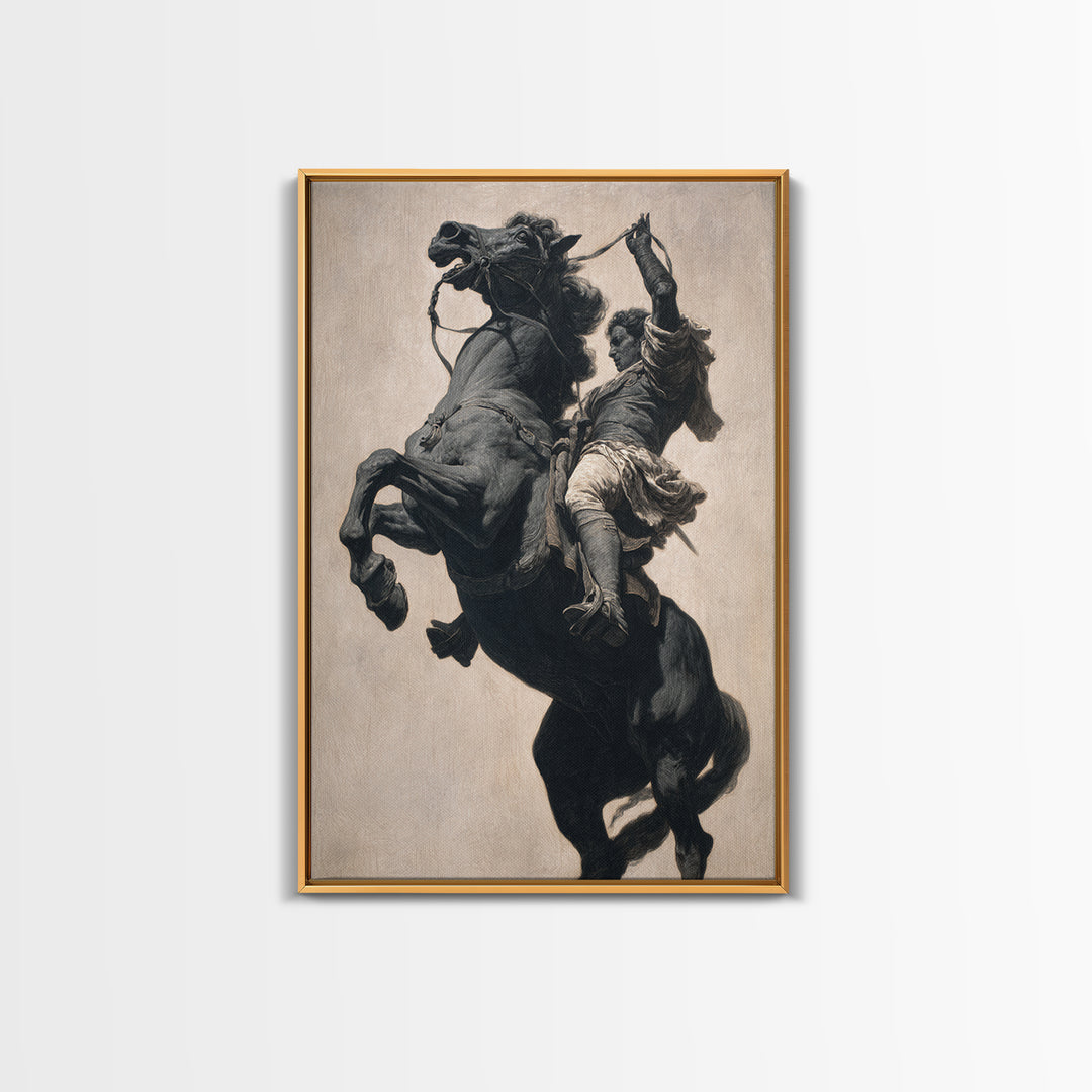 Rearing Black Horse And Rider Framed Canvas Print, Dramatic Equestrian Wall Art, Western Decor, Horse Lover Gift For Ranch Home