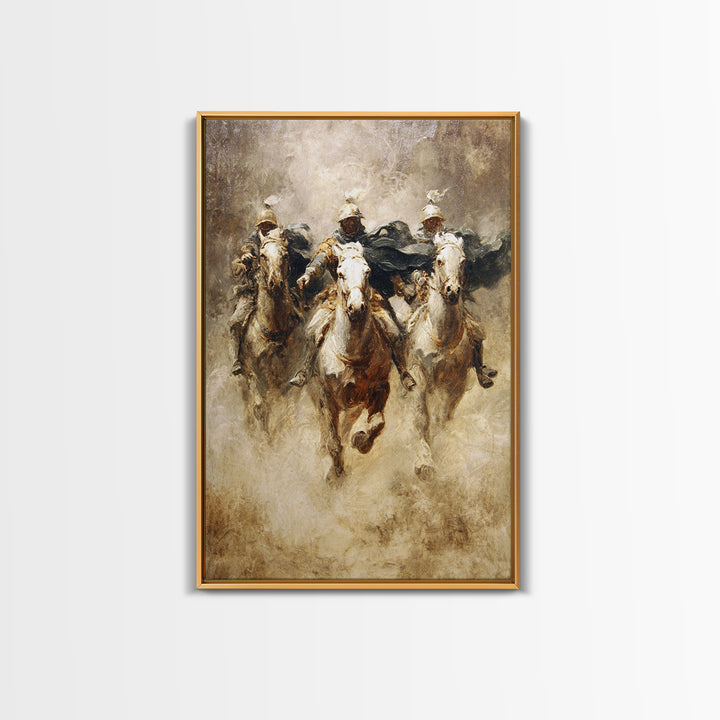 Charging Medieval Cavalry Riders Wall Art, Dramatic Horse Battle Canvas Print, Rustic Fantasy Decor, Large Living Room Decor