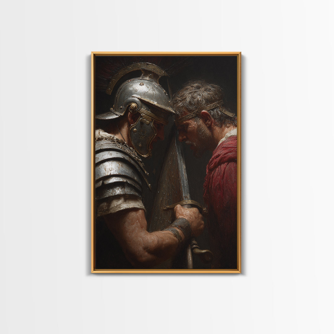 Roman Gladiator Face Off With Sword Wall Art, Intense Ancient Duel Canvas Print, Dark Masculine Office Decor, Gift For Him