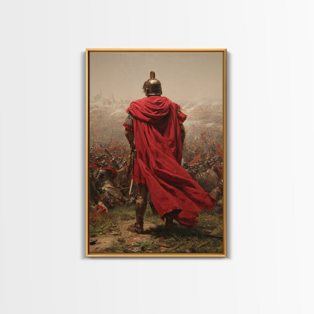 Roman General Red Cloak Wall Art, Epic Battlefield Oil Painting, Ancient Warrior Canvas Decor For Masculine Office Gift Idea