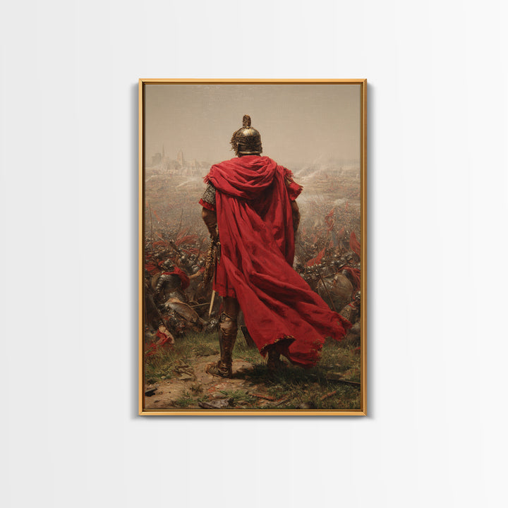 Roman General Red Cloak Wall Art, Epic Battlefield Oil Painting, Ancient Warrior Canvas Decor For Masculine Office Gift Idea