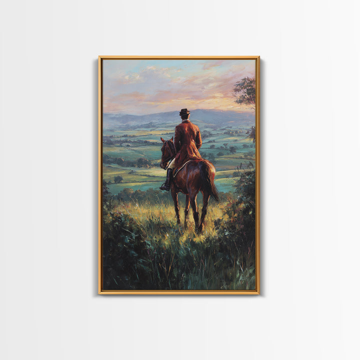 Rider On Horse Over Rolling Countryside Canvas Print, Equestrian Wall Art, Country Landscape Painting, Rustic Home Decor