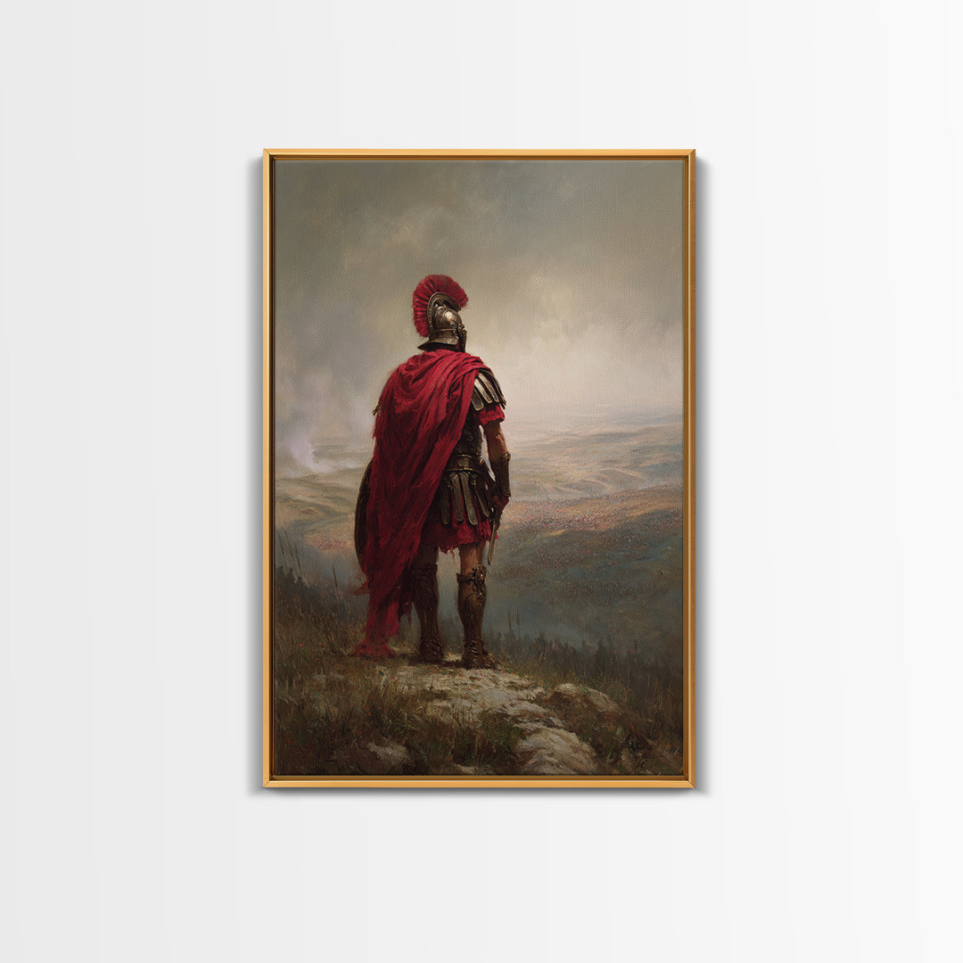 Roman Centurion In Red Cloak Overlooking Battlefield Wall Art, Ancient Warrior Canvas Print For Office Decor And Gift For Him