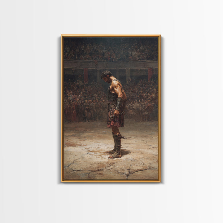 Gladiator In Arena Framed Canvas Print, Roman Warrior Oil Painting, Ancient History Wall Decor And Masculine Office Art Gift