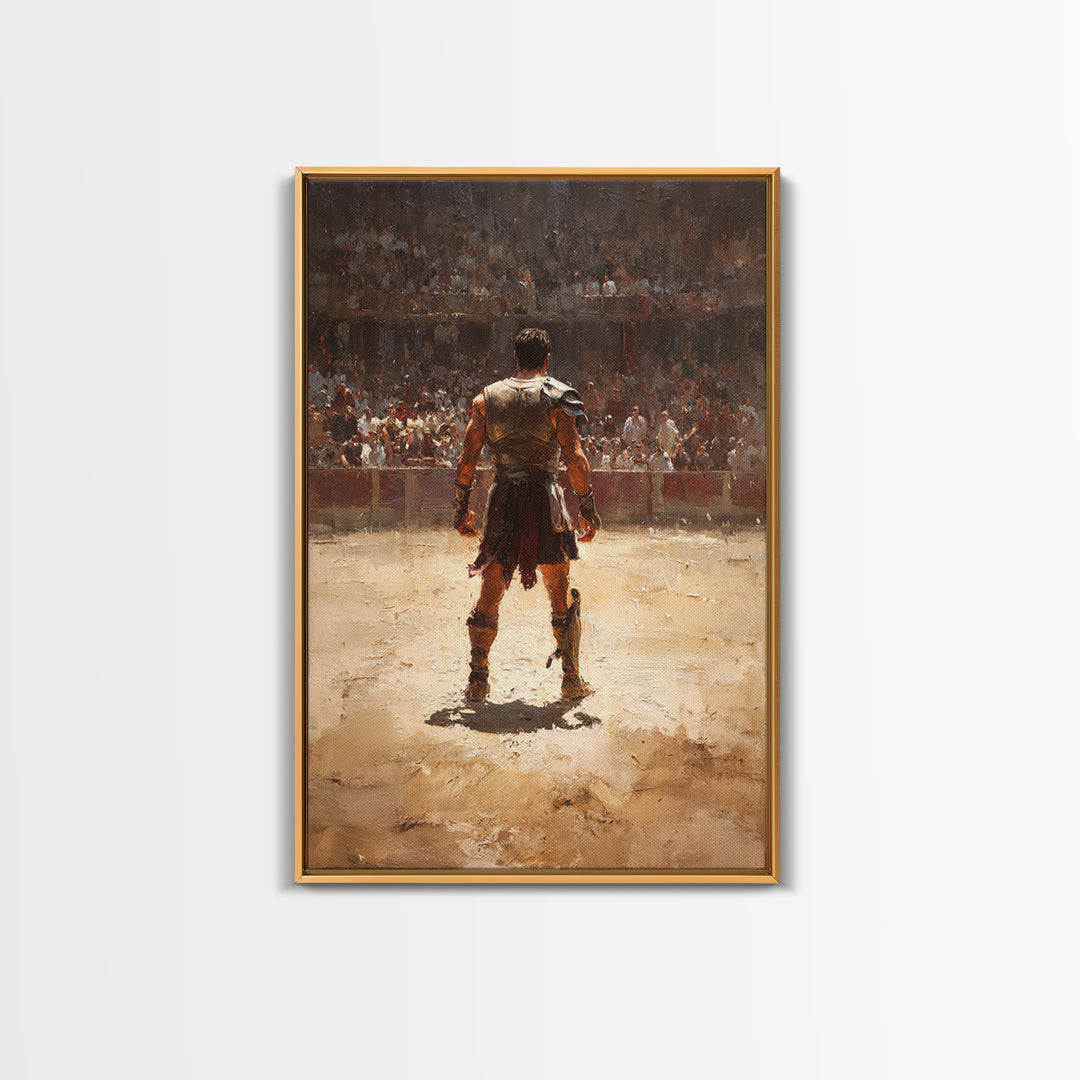 Gladiator Standing In Sunlit Ancient Arena Wall Art, Roman Warrior Canvas Print For Man Cave Decor And Masculine Office Art