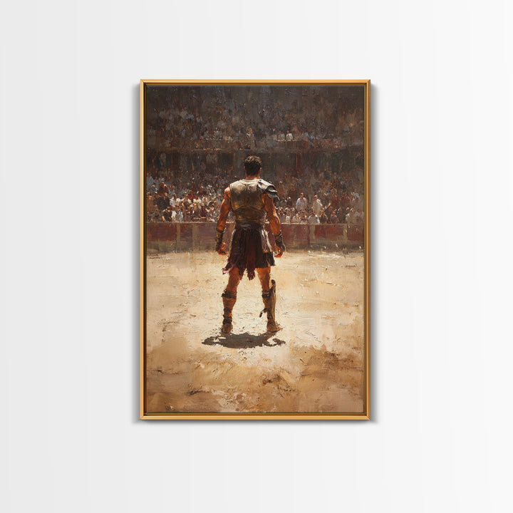 Gladiator Standing In Sunlit Ancient Arena Wall Art, Roman Warrior Canvas Print For Man Cave Decor And Masculine Office Art