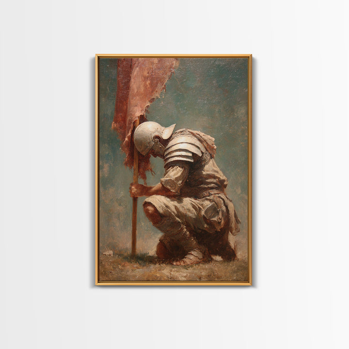 Kneeling Medieval Soldier With Torn Banner Wall Art, Somber Warrior Canvas Print, Historical Battle Decor, Memorial Gift