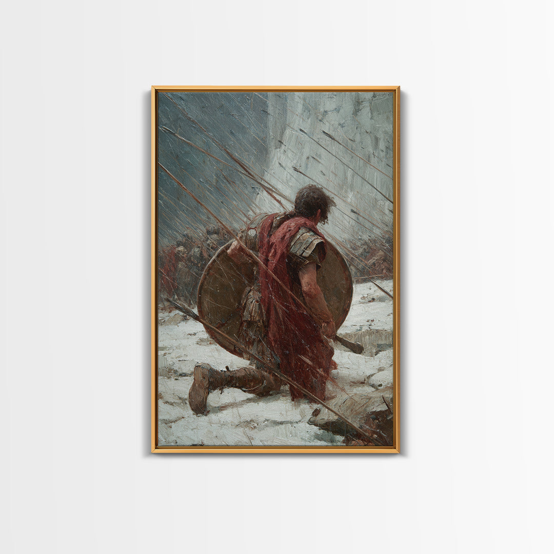 Kneeling Roman Soldier In Arrow Storm Wall Art, Ancient Battle Canvas Print, Heroic Warrior Office Decor, History Gift For Him