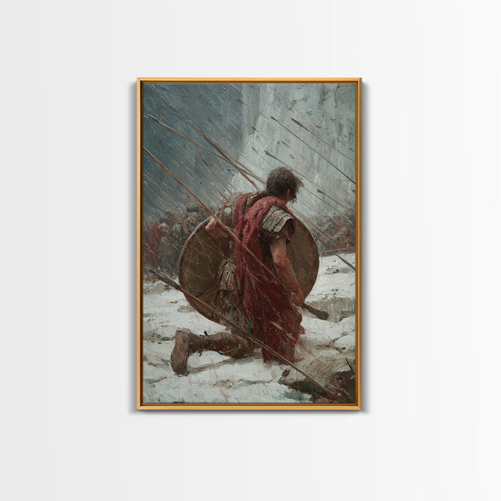 Kneeling Roman Soldier In Arrow Storm Wall Art, Ancient Battle Canvas Print, Heroic Warrior Office Decor, History Gift For Him