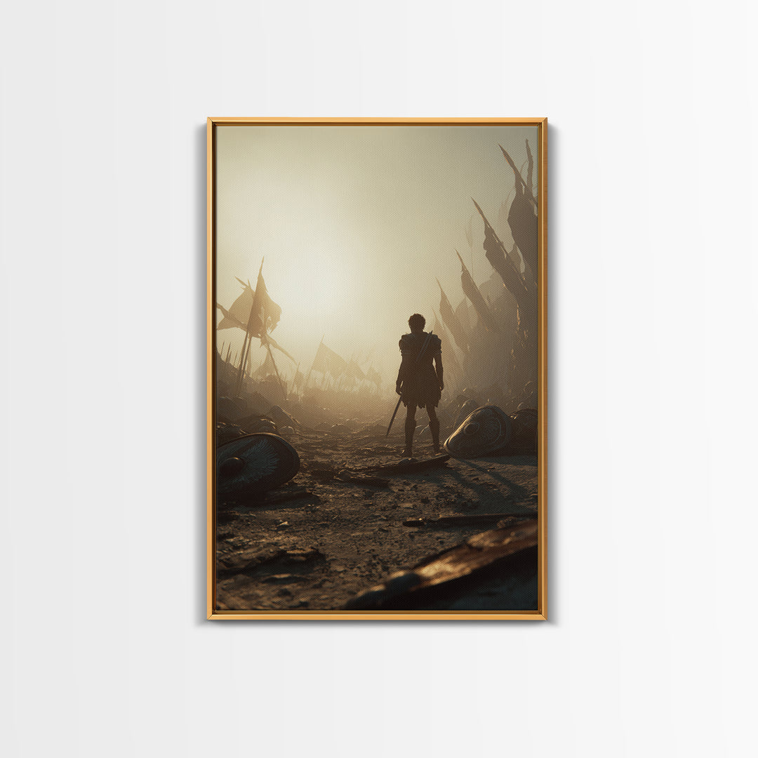 Lone Ancient Warrior In Sunlit Battlefield Canvas Print, Epic Fantasy Wall Art, Greek Battle Decor, Masculine Office Art