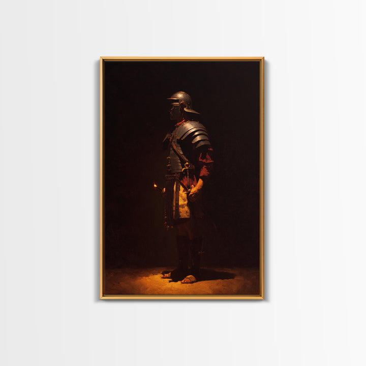 Roman Legionary In Bronze Armor, Framed Canvas Print, Dark Academia Wall Art, Ancient Warrior Decor, Office Art Print, Gift