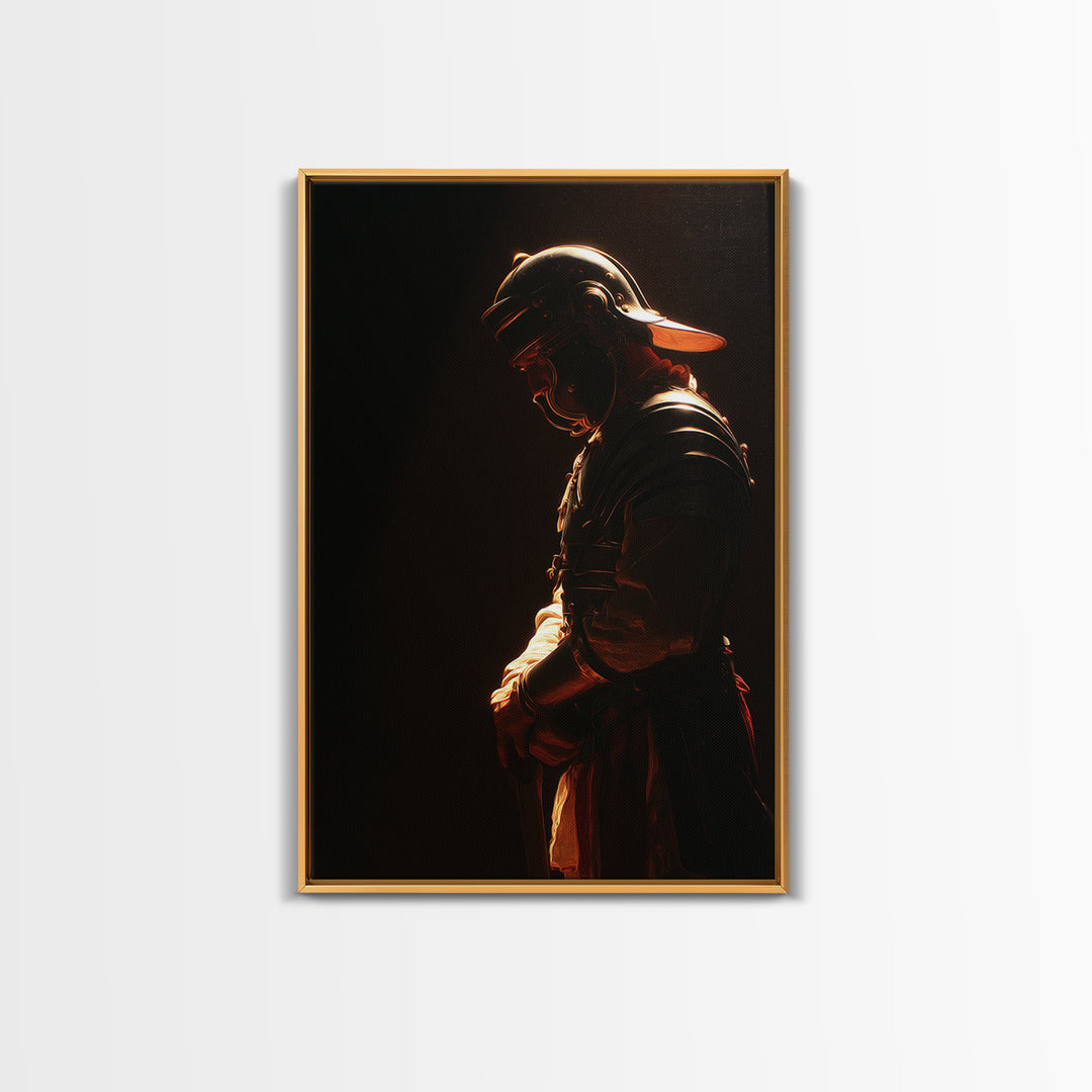 Moody Helmeted Warrior In Golden Rim Light Framed Canvas Print, Dark Fantasy Art, Masculine Office Decor, Gothic Wall Art