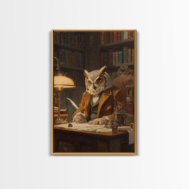 Scholarly Owl Writing In Antique Library Framed Canvas Print, Whimsical Animal Wall Art, Dark Academia Office Decor Gift