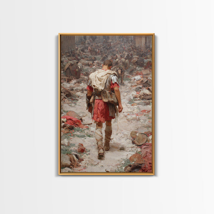 Historic Roman Soldier Amidst Battle Aftermath Detailed Painting Wall Art Canvas Print For History Buffs And Home Decor