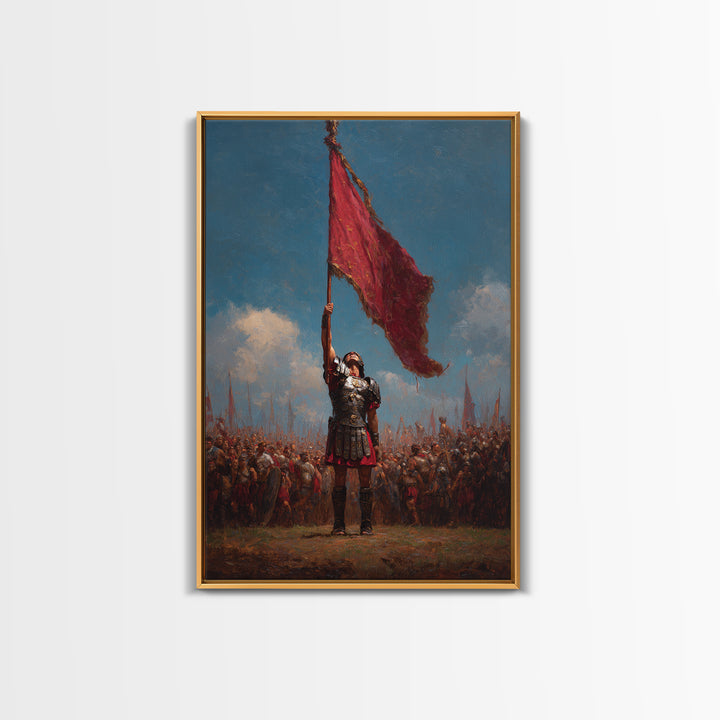 Roman Warrior Raising Red Battle Flag Wall Art, Historical Soldier Canvas, Dramatic Legion Artwork, Gift For Him, Living Room Decor